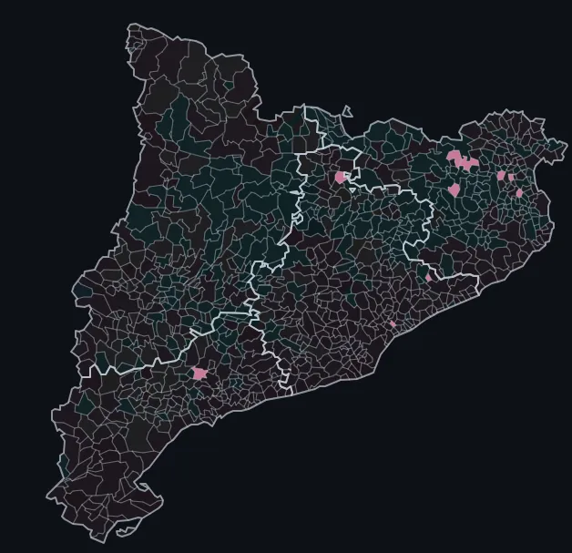 Municipios de Cataluña donde Sumar fue la fuerza más votada en 2023 Cataluña · Generales julio 2023 · municipios donde fue la fuerza más votada
