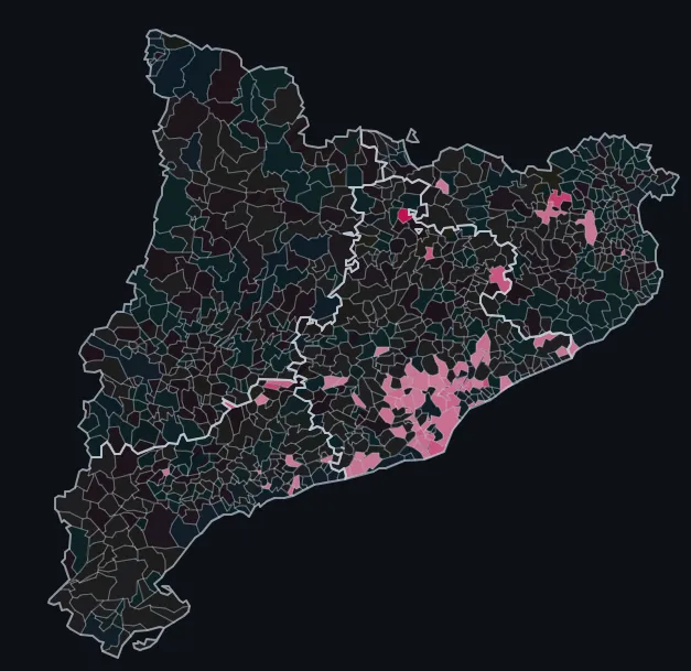 Municipios de Cataluña donde Sumar fue la segunda fuerza más votada en 2023 Cataluña · Generales julio 2023 · municipios donde fue la segunda fuerza más votada