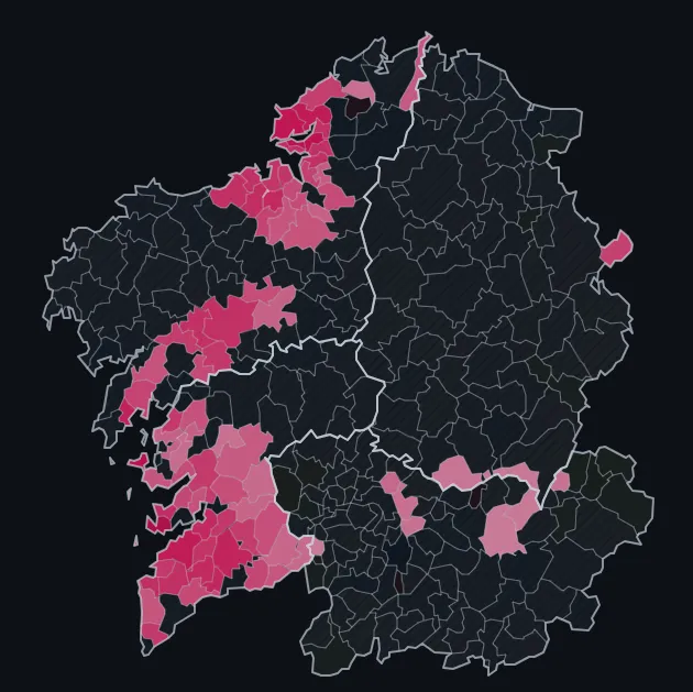 Municipios de Galicia donde Sumar fue la tercera fuerza más votada en 2023 Galicia · Generales julio 2023 · municipios donde fue la tercera fuerza más votada