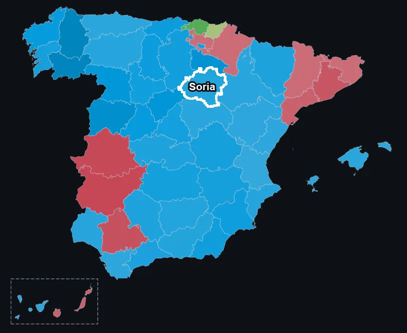 Mapa de España por provincias en las generales de 2023, coloreado según el partido más votado en cada una. Soria aparece resaltada con un contorno blanco en el centro-norte, en azul —la ganó el PP—, igual que buena parte de la España interior. A diferencia de Teruel en 2019, aquí ningún partido de la España vaciada figura como el más votado de su provincia.
