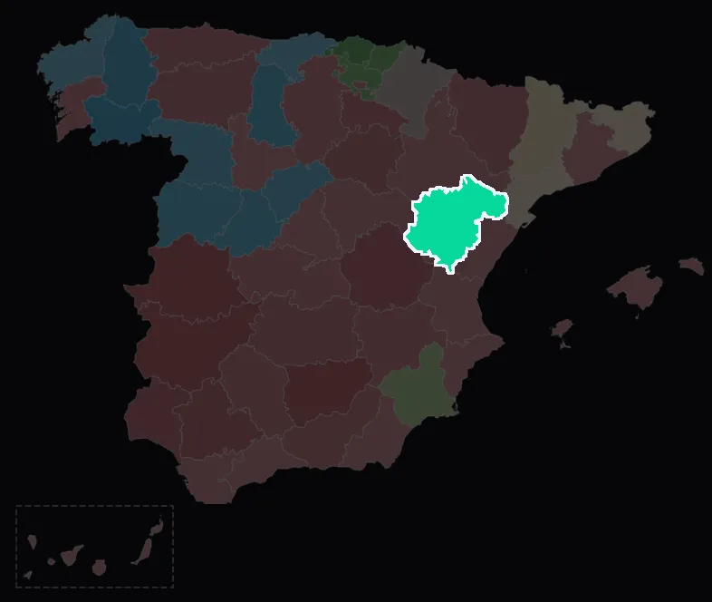 Mapa de España por provincias en las generales de 2019, coloreado según el partido más votado en cada una. Teruel aparece en verde —Teruel Existe—, la única provincia ganada por un partido que solo se presentaba allí, rodeada del rojo del PSOE y el azul del PP.